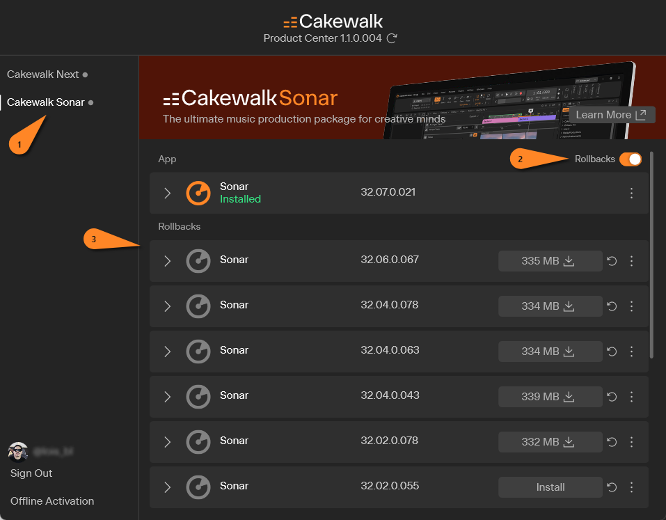 Cakewalk Sonar Roll Back