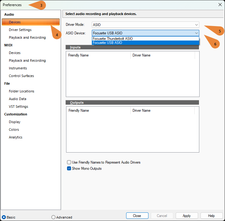 Cakewalk Sonar Audio Devices preferences showing Driver Mode, ASIO Device, and input and output drivers