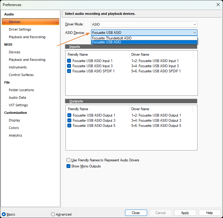 ASIO Device selection in Cakewalk Sonar Audio Devices preferences