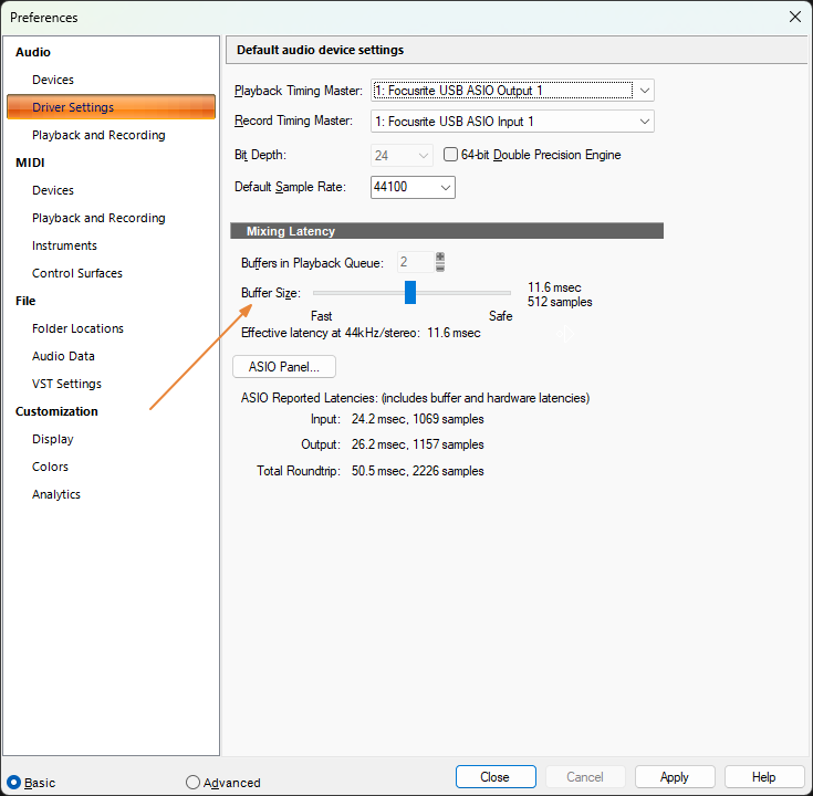 Buffer Size setting in Cakewalk Sonar Driver Settings