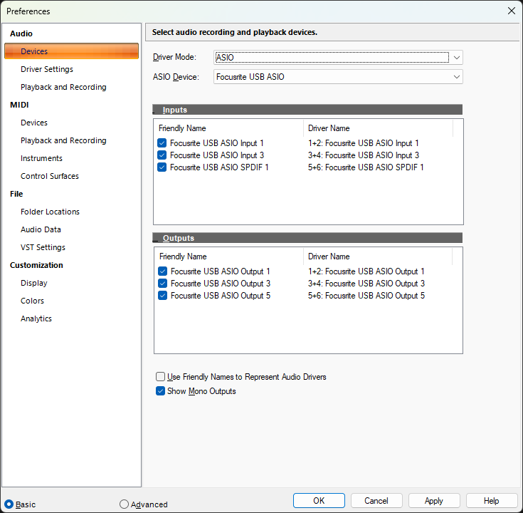 Audio Devices page in Cakewalk Sonar Preferences