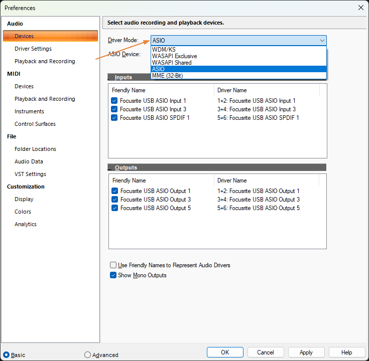Driver Mode setting in Cakewalk Sonar Audio Devices preferences