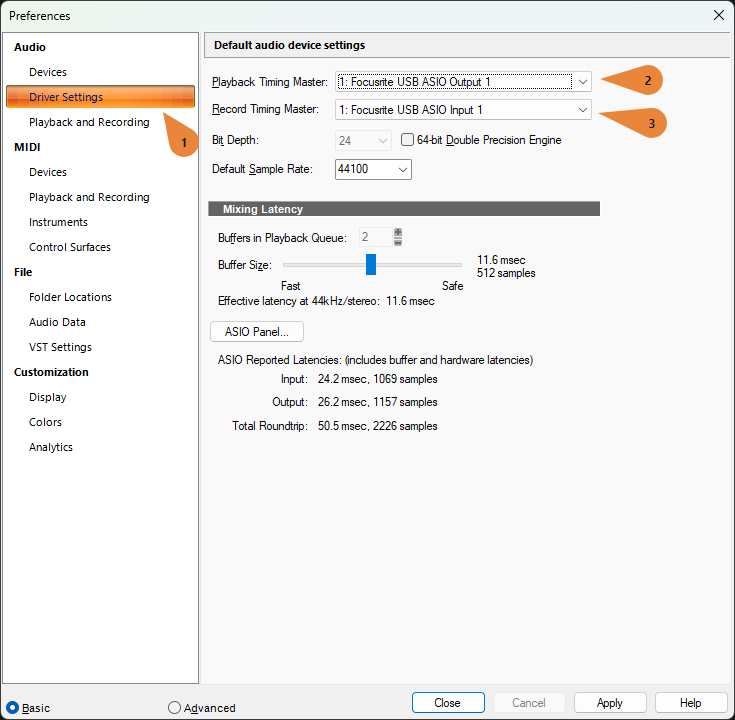 Playback Timing Master and Recording Timing Master in Cakewalk Sonar Driver Settings